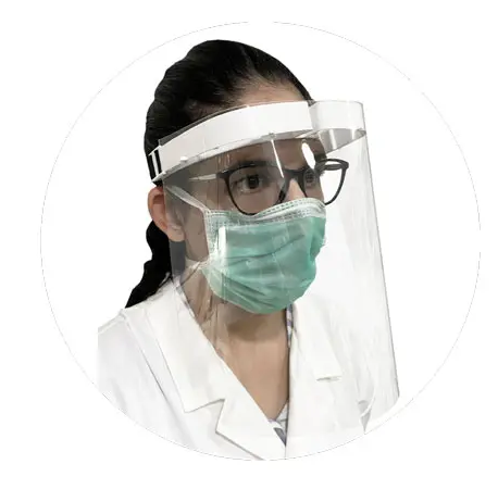 Healthcare worker wearing Dhumal face shield — side view showing forehead wrap fit